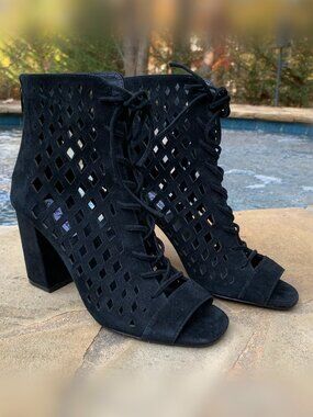 Steve Madden Denay Black Caged Peep Toe Block Heel Booties Sz 7.5